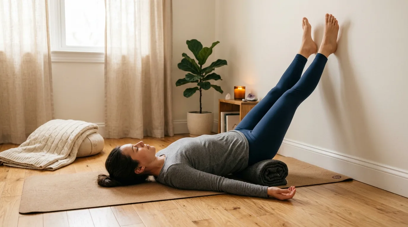 Person practicing a restorative legs-up-the-wall yoga pose on a mat, demonstrating the inversion posture used in vagus nerve exercise routines for parasympathetic activation