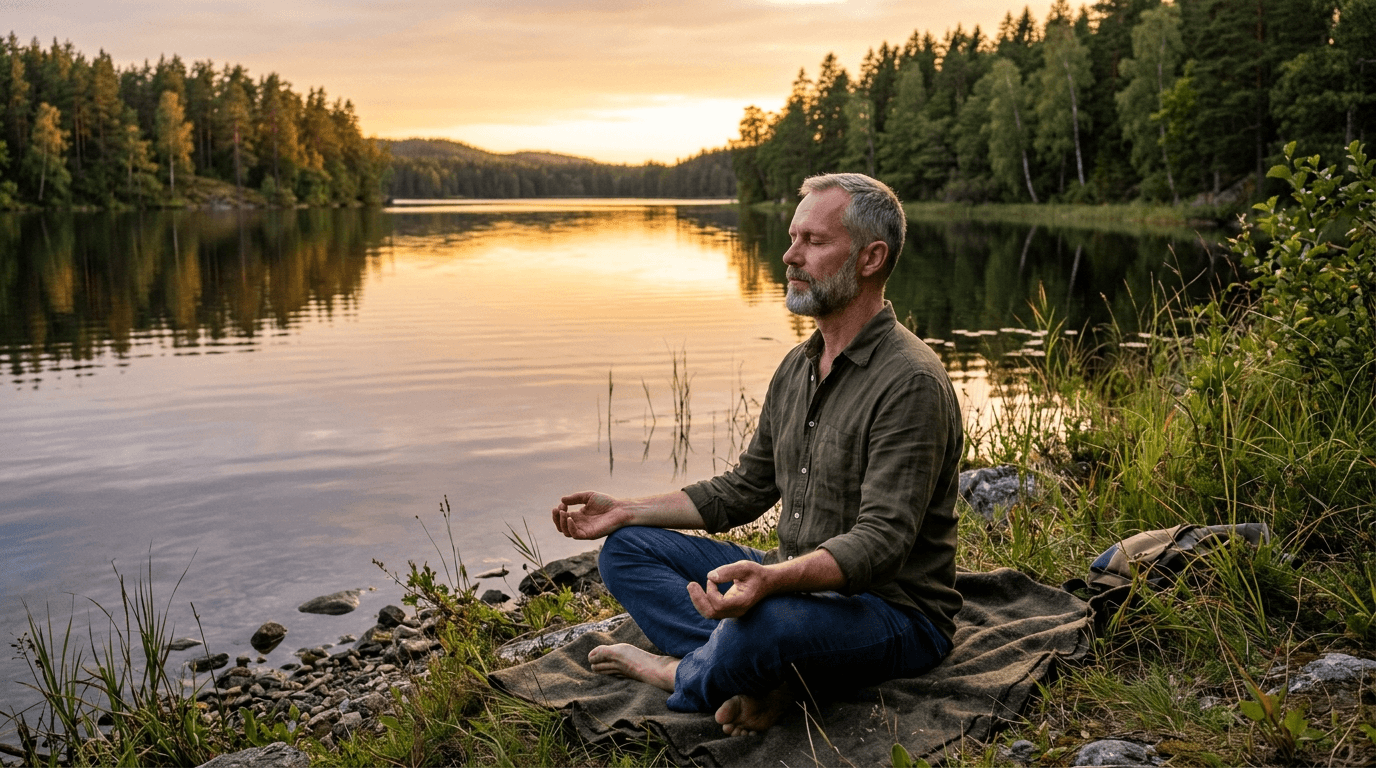 Person sitting peacefully beside a calm lake surrounded by trees practicing deep relaxation breathing