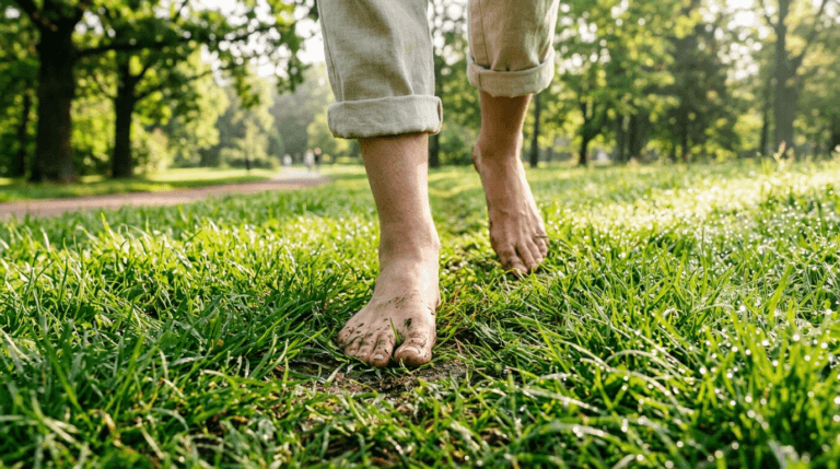 Person walking barefoot on grass for grounding