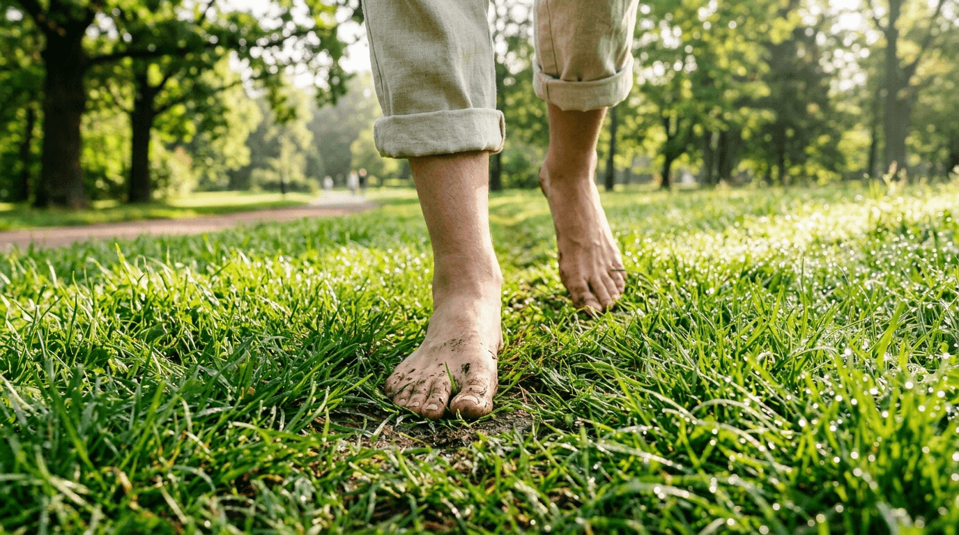 Person walking barefoot on grass for grounding