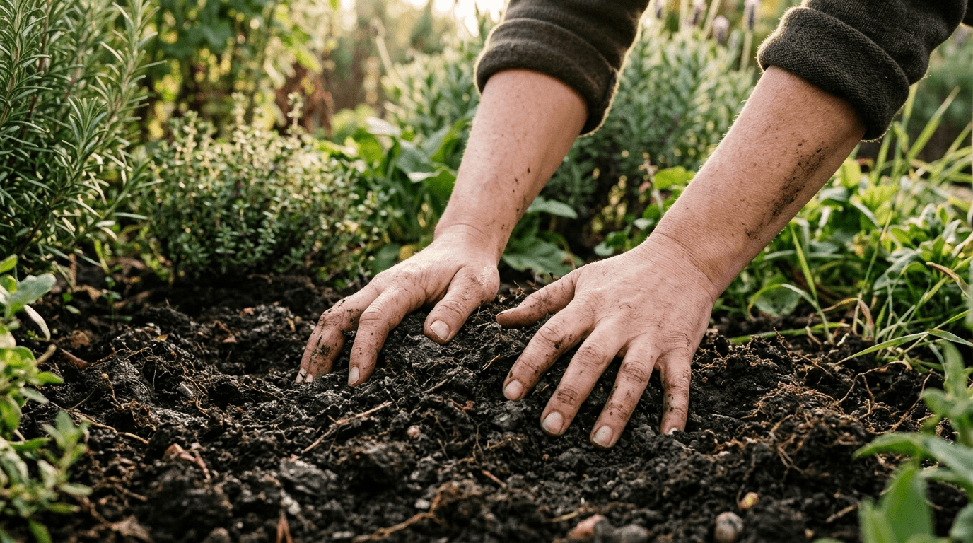 Hands touching rich dark soil connecting with the earth as a physical grounding exercise for anxiety relief