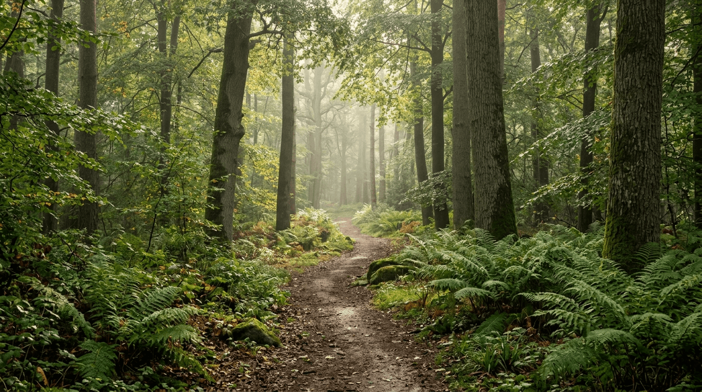 Peaceful forest path bathed in soft morning light representing the mental clarity achieved through grounding exercises for anxiety