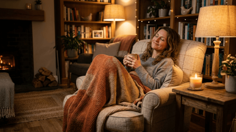 Person relaxing in cozy armchair feeling safe