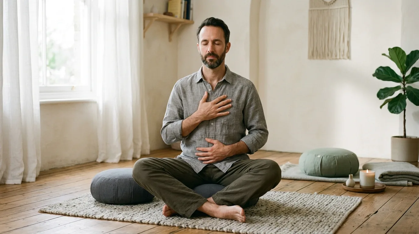 Calm person sitting cross-legged on the floor practicing a grounding body scan exercise in a peaceful room