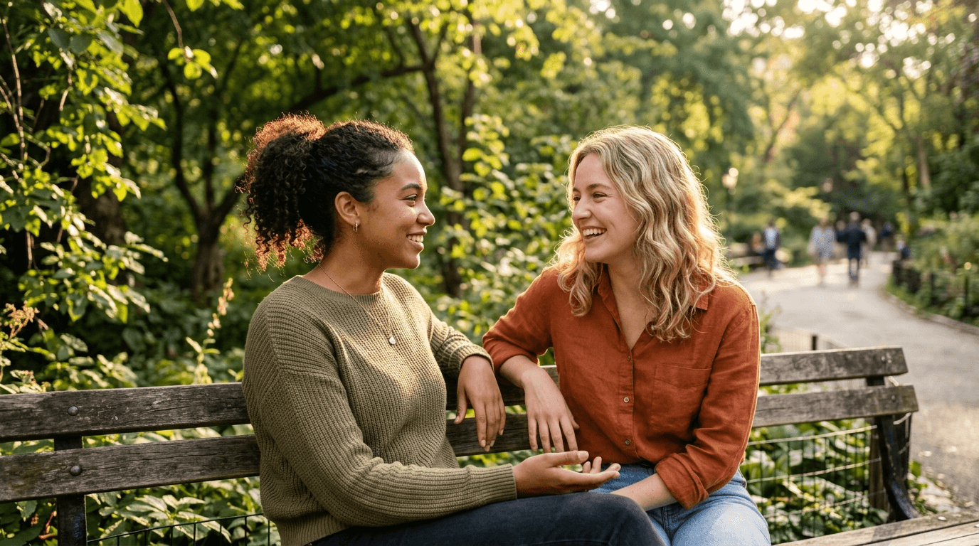 Two friends having a warm conversation while sitting together outdoors, demonstrating social co-regulation and the polyvagal theory exercises principle of safety in connection