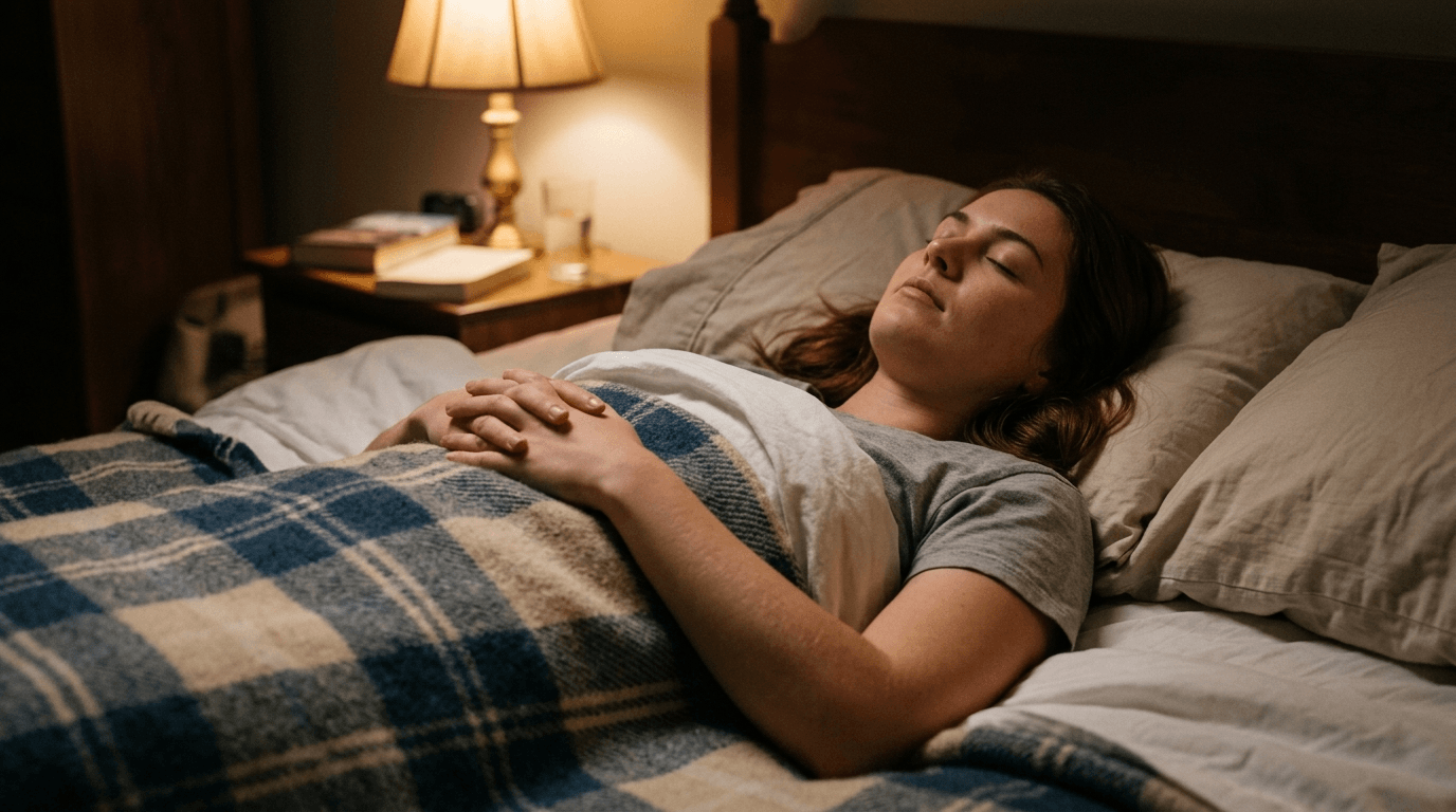 A person reading a book in bed by the warm glow of a bedside lamp as part of an evening wind-down routine