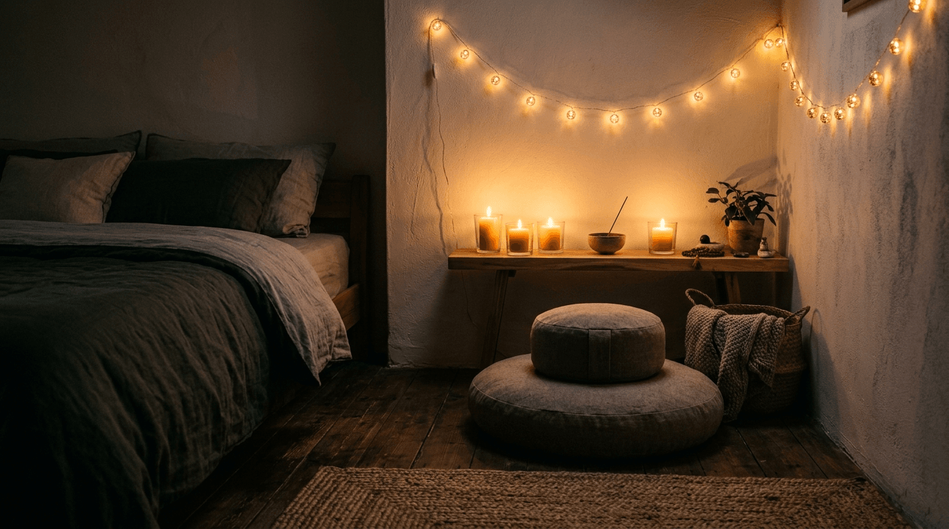 Candle-lit meditation corner for sleep meditation