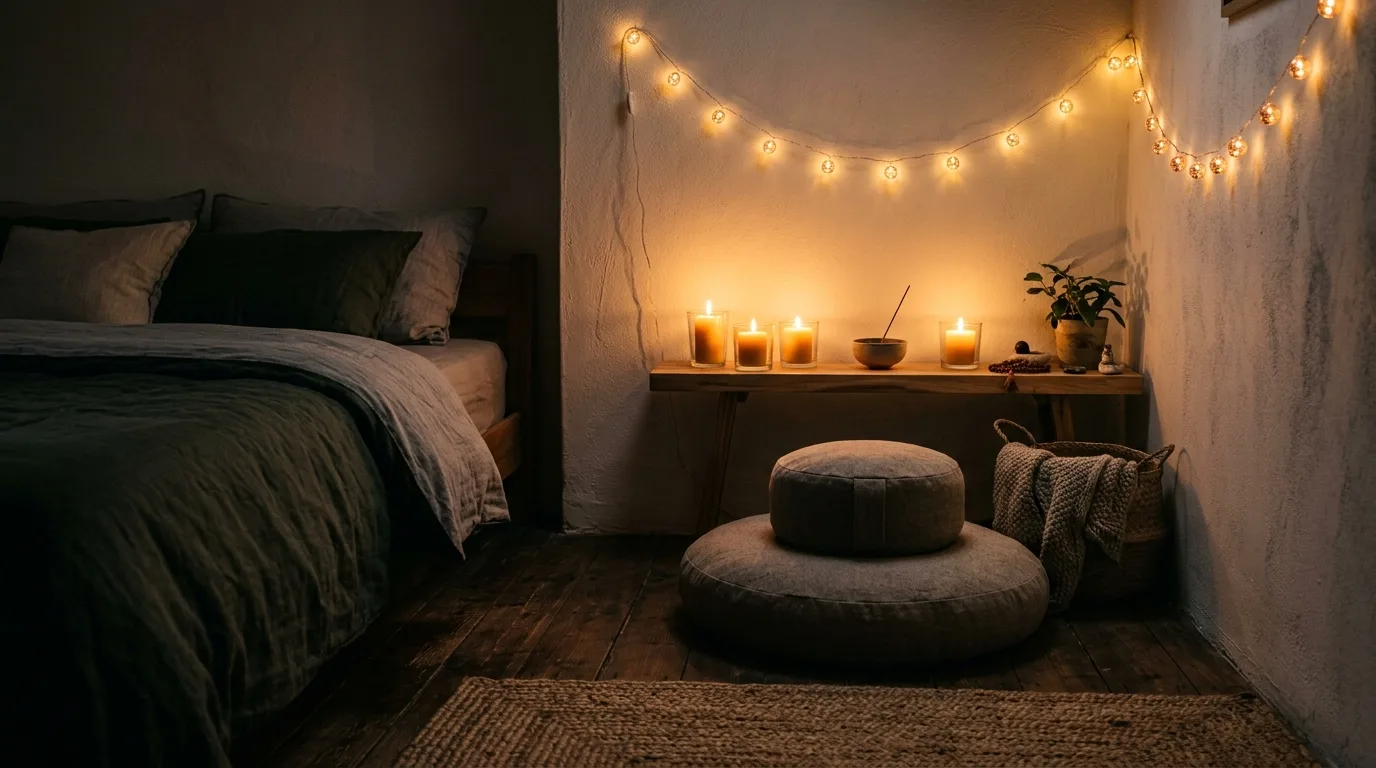 Candle-lit meditation corner for sleep meditation
