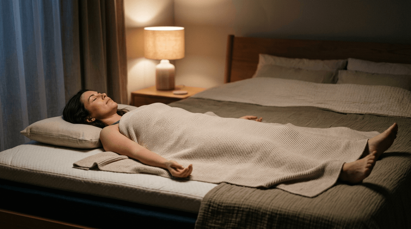 A person lying in a comfortable supine position under a blanket with eyes closed practicing yoga nidra sleep meditation on a soft surface