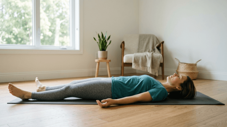 Person doing progressive muscle relaxation on exercise mat