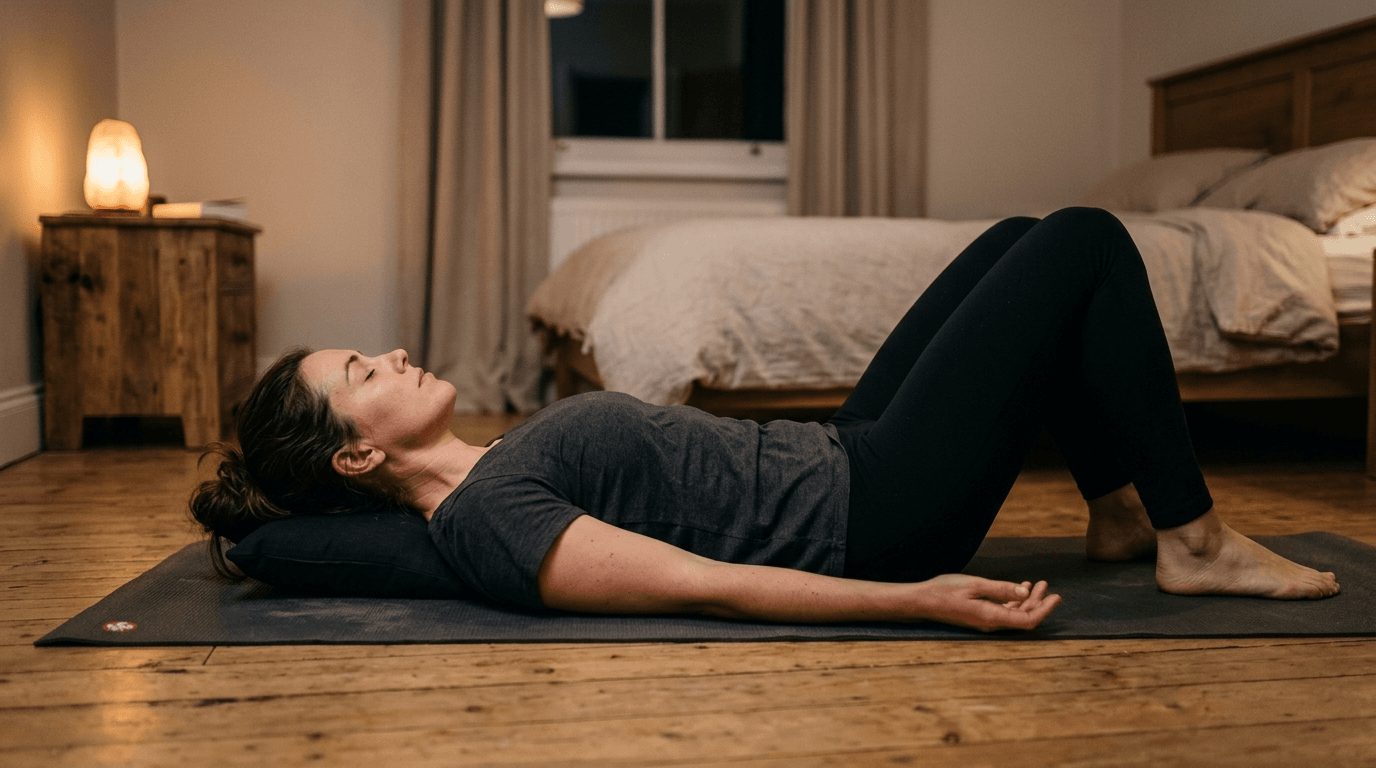 A person lying on a yoga mat practicing progressive muscle relaxation in a warm dimly lit bedroom
