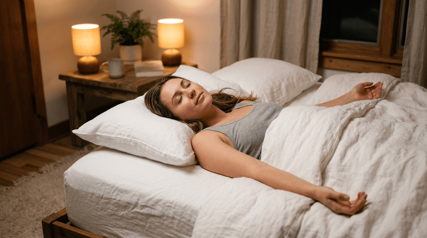 A person lying peacefully in bed after completing progressive muscle relaxation deeply relaxed and drifting off to sleep