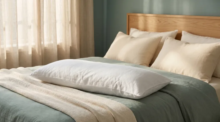 A soft white linen body pillow lying on a beautifully made bed in a calm sage-green and warm-cream bedroom with morning light