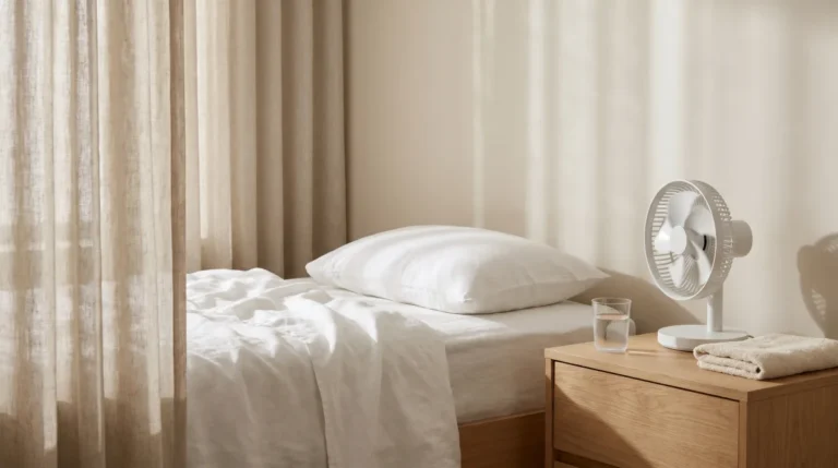 Linen sheets on a calm bedroom bed with a small bedside fan and a glass of water — how to stay cool sleeping
