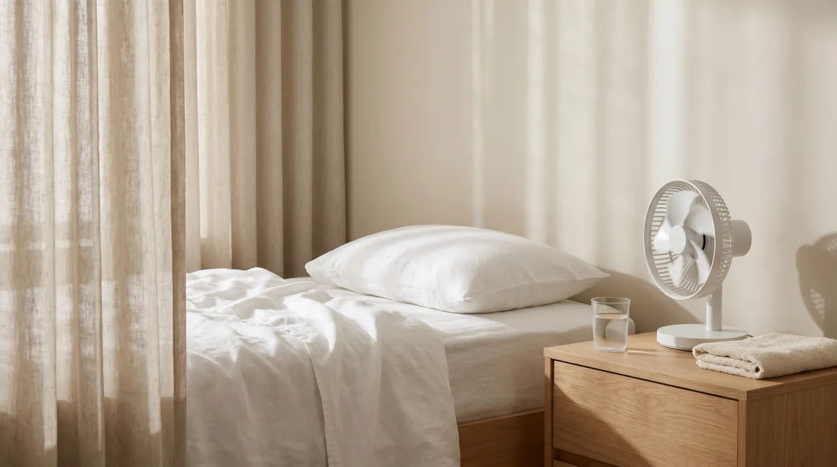 Linen sheets on a calm bedroom bed with a small bedside fan and a glass of water — how to stay cool sleeping