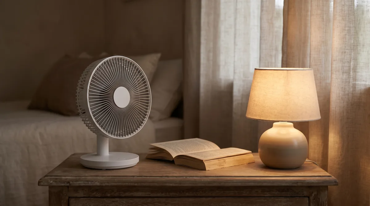 Quiet bedside fan on a wooden nightstand in a calm dim bedroom — fan for sleep