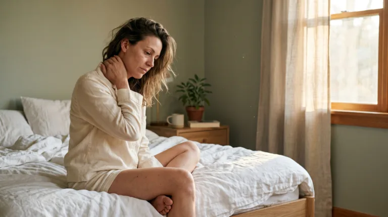 Woman in late 30s sitting on edge of unmade bed in soft morning light, hand on back of neck with thoughtful tired expression — wondering if her sleep position caused morning stiffness