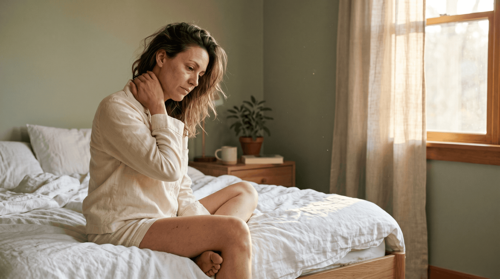 Woman in late 30s sitting on edge of unmade bed in soft morning light, hand on back of neck with thoughtful tired expression — wondering if her sleep position caused morning stiffness