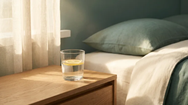 Glass of water with lemon slice on a natural wood nightstand in calm morning bedroom light
