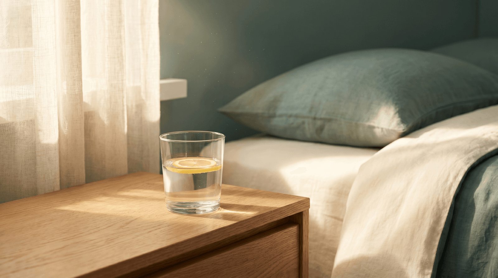 Glass of water with lemon slice on a natural wood nightstand in calm morning bedroom light