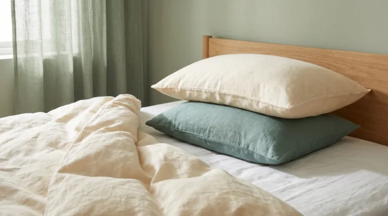 Side-sleeping bed setup with thicker head pillow and separate knee pillow demonstrating supported side-lying position