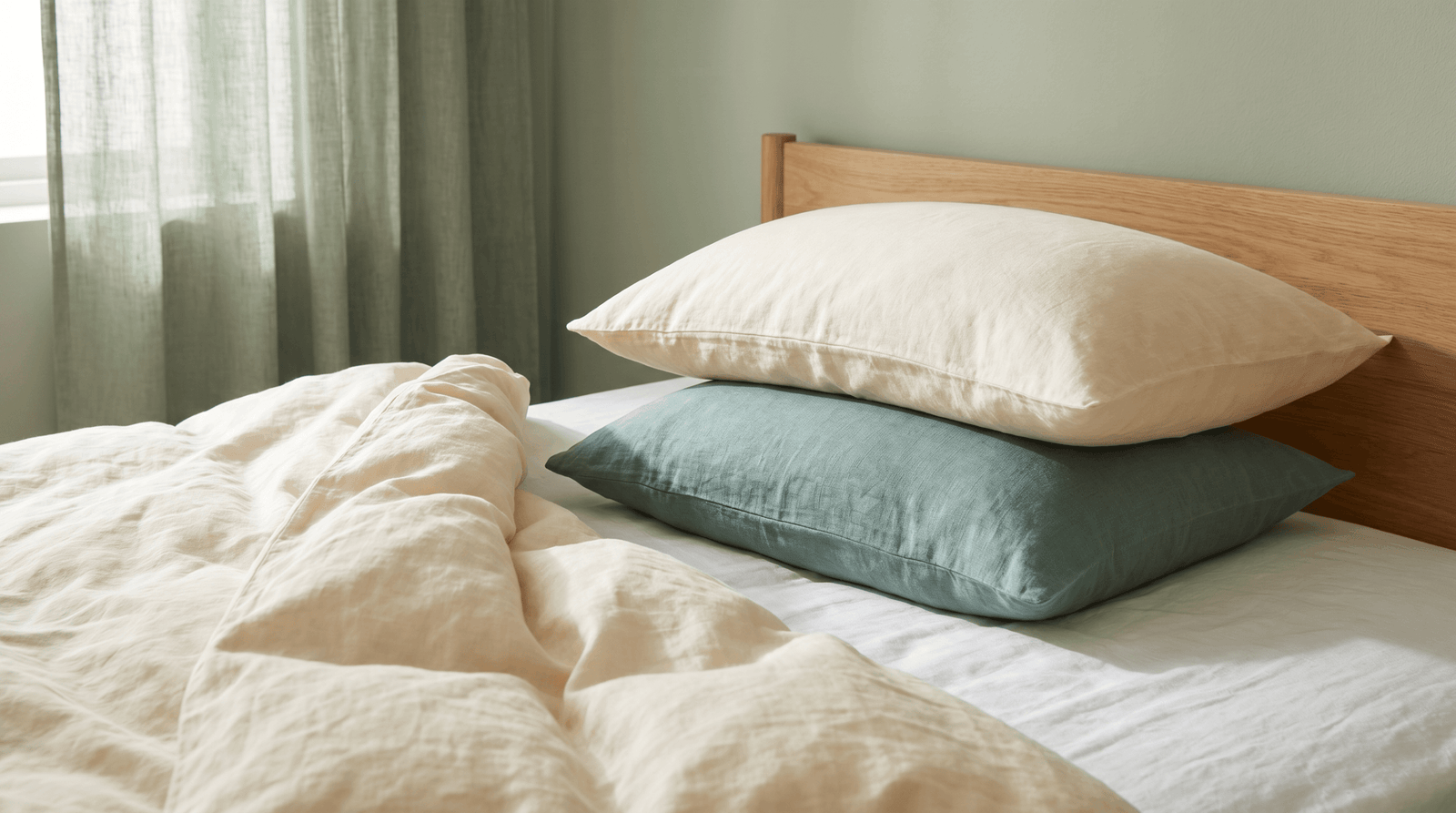 Side-sleeping bed setup with thicker head pillow and separate knee pillow demonstrating supported side-lying position