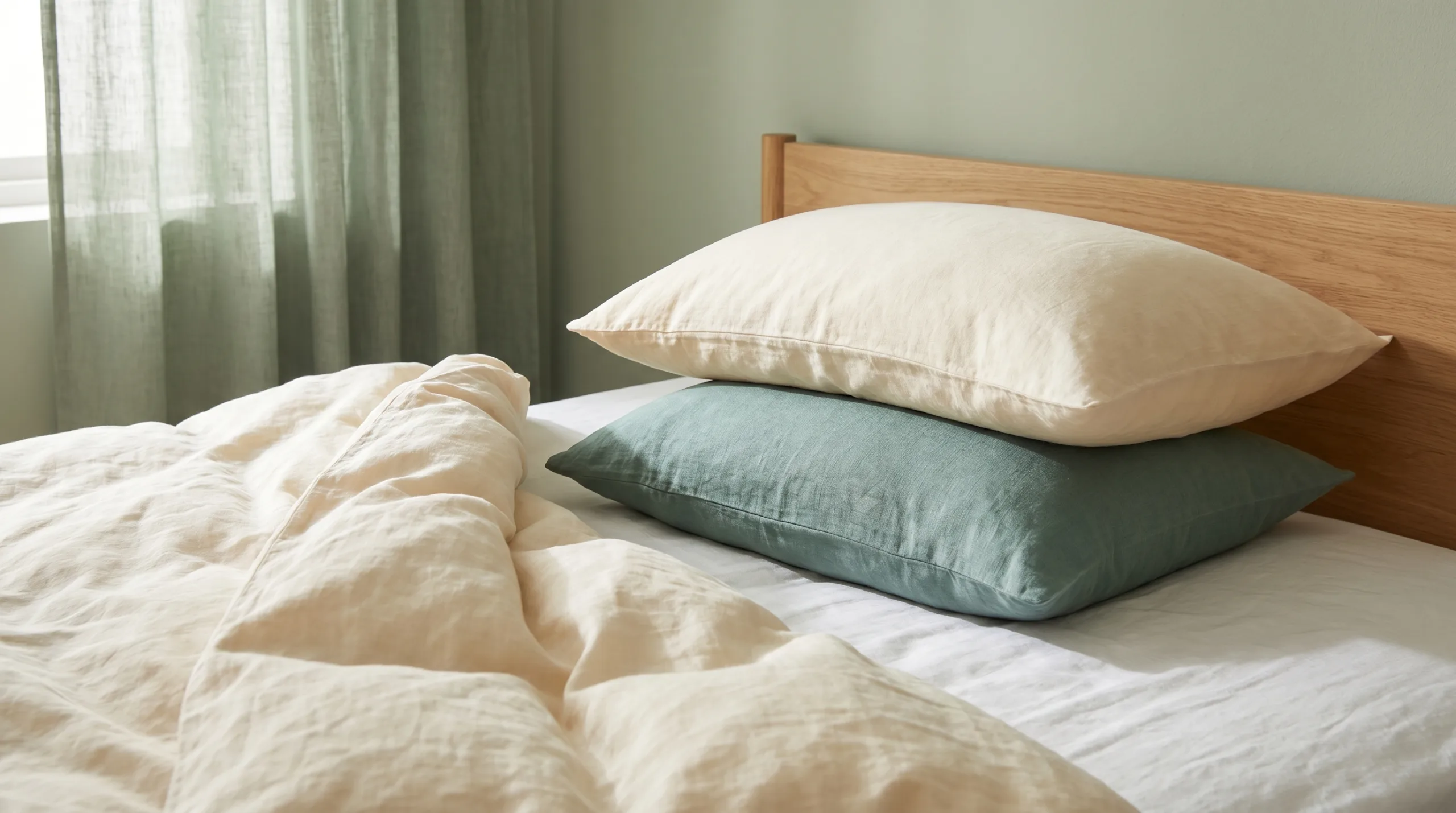 Side-sleeping bed setup with thicker head pillow and separate knee pillow demonstrating supported side-lying position