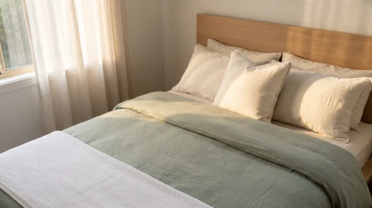 Calm bedroom in soft morning light with a beautifully made bed and three pillows arranged in natural light