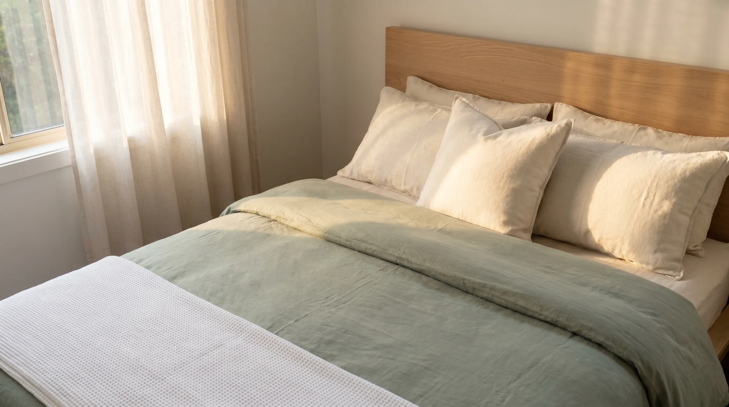 Calm bedroom in soft morning light with a beautifully made bed and three pillows arranged in natural light