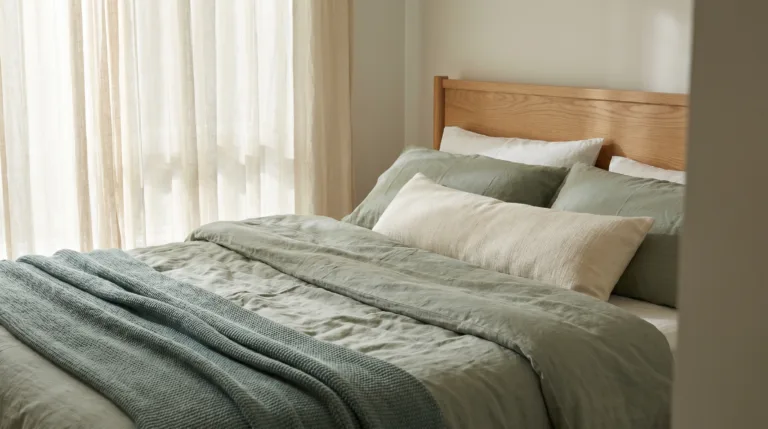 Bed setup arranged for back-sleeping support with thin head pillow and longer knee pillow in calm morning light