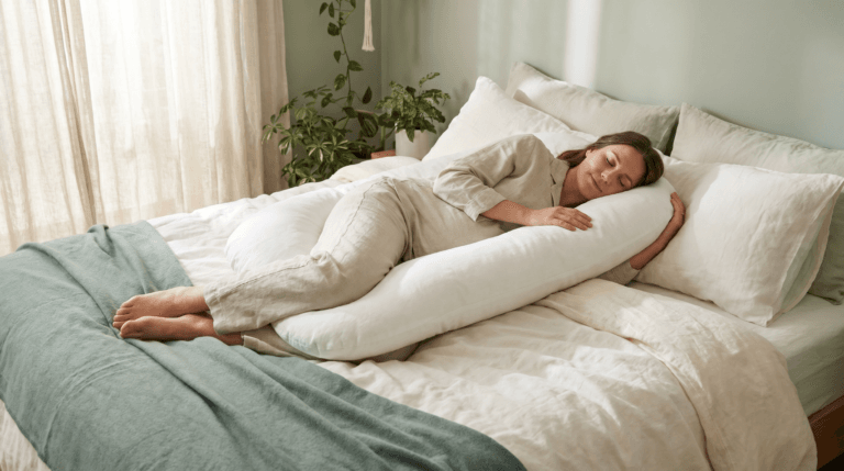 Pregnant woman in her early 30s sleeping peacefully on her left side supported by a large U-shaped pregnancy pillow