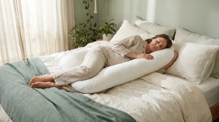 Pregnant woman in her early 30s sleeping peacefully on her left side supported by a large U-shaped pregnancy pillow