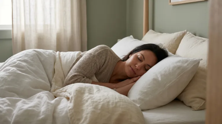 Woman in her late 30s sleeping peacefully on her side in soft pre-dawn light with calm expression