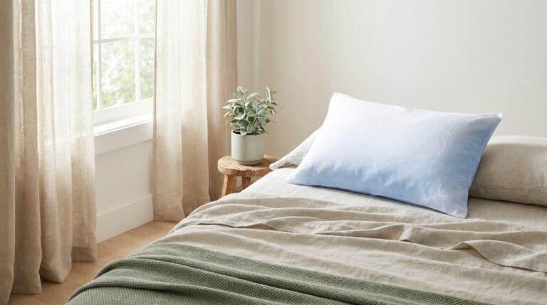 Best cooling pillows for hot sleepers, serene bedroom with a cool-toned pillow on breathable linen