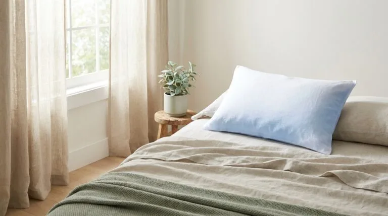 Best cooling pillows for hot sleepers, serene bedroom with a cool-toned pillow on breathable linen