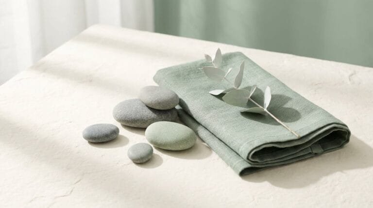 Calm still life of smooth river stones, folded sage linen, and a eucalyptus sprig in soft morning light