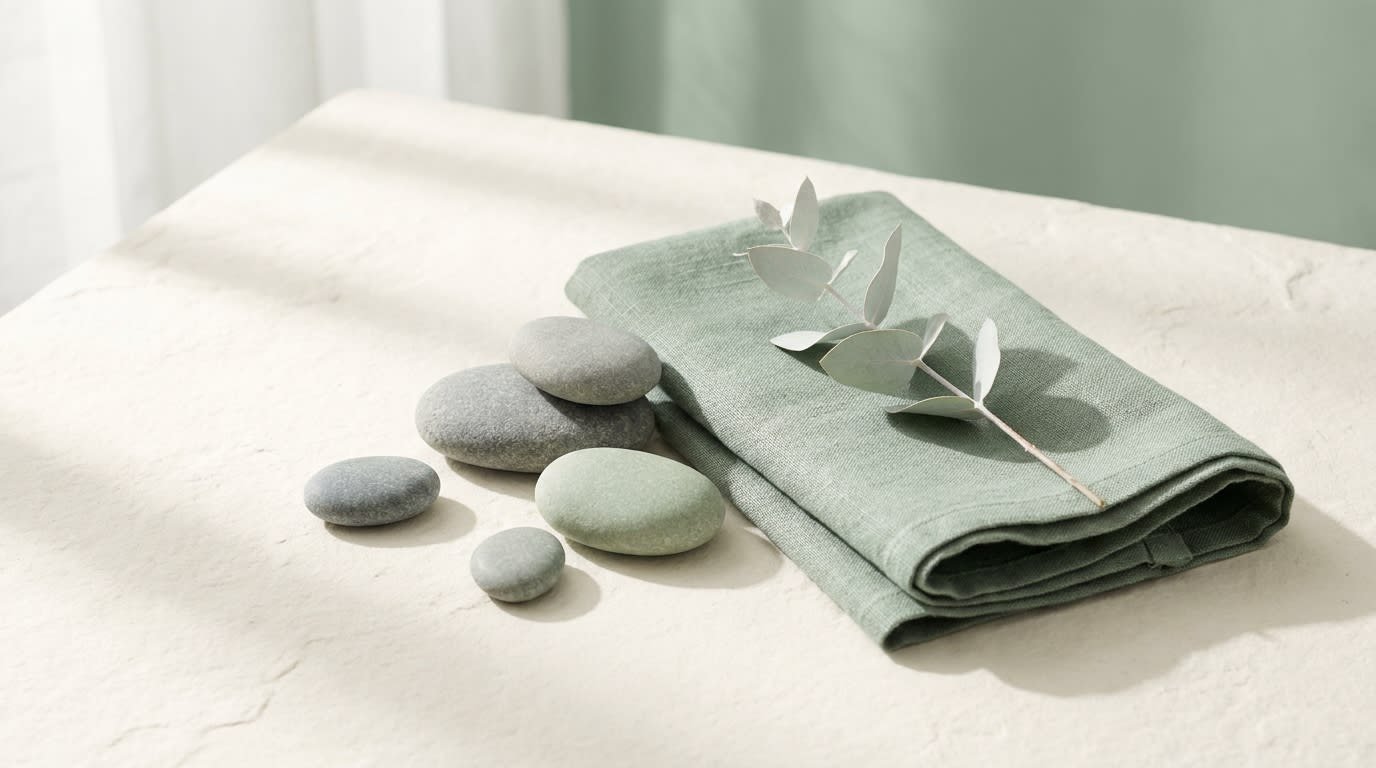 Calm still life of smooth river stones, folded sage linen, and a eucalyptus sprig in soft morning light