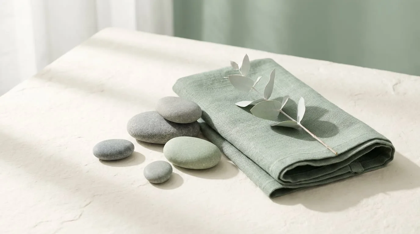 Calm still life of smooth river stones, folded sage linen, and a eucalyptus sprig in soft morning light