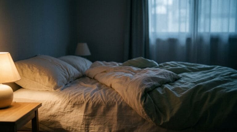 A dark, quiet bedroom at night with a bed and low ambient light, the conditions the military sleep method is practiced in